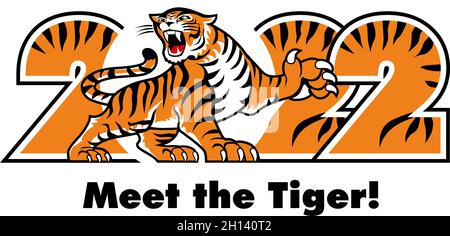 Gestreifter Tiger mit Zahlen 2022. Frohes neues Jahr 2022 von Tiger. Vorlage für Poster, Broschüre, Banner, Einladungskarte. Vektor auf transparentem Backgroun Stock Vektor