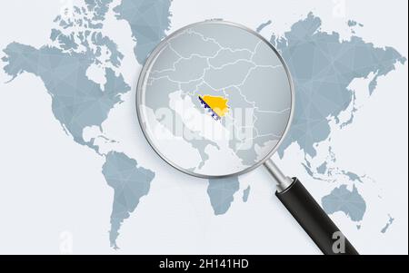Weltkarte mit einer Lupe, die auf Bosnien und Herzegowina zeigt. Karte von Bosnien und Herzegowina mit der Flagge in der Schleife. Vektorgrafik. Stock Vektor