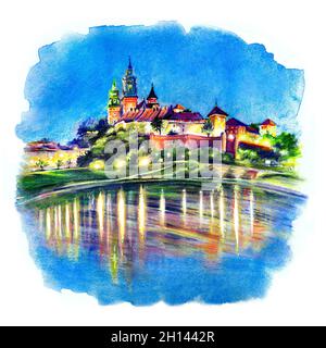 Aquarellskizze des Schlosses Wawel auf dem Wawel-Hügel mit Spiegelung im Fluss bei Nacht, von der Weichsel aus gesehen, Krakau, Polen Stockfoto
