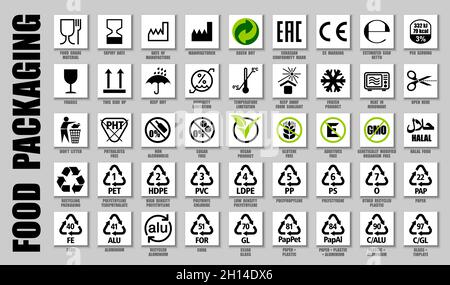 Full set of food packaging icons, product guide symbols. International meal pictograms for food package labels of contain ingredients, keep limits, de Stock Vektor