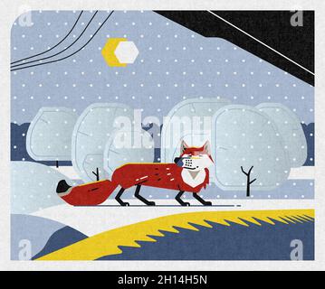 Cartoon Fuchs im Winter, Kinder Buch Stil Illustration Stockfoto