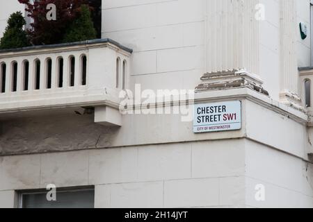 Chester Street, City of Westminster Schild, Belgravia, London, SW1, England, Oktober 2021 Stockfoto