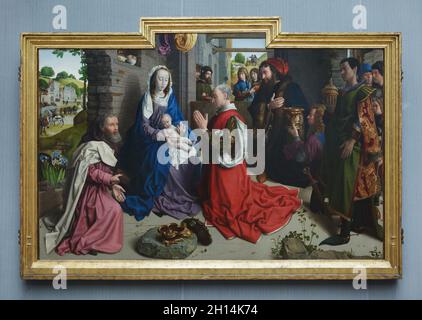 Das Gemälde „Anbetung der Könige“, auch bekannt als Monforte-Altarbild des flämischen Renaissance-Malers Hugo van der Goes (1470), ist in der Berliner Gemäldegalerie in Berlin zu sehen. Stockfoto