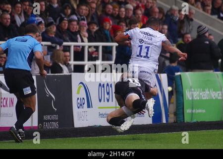 Newcastle upon Tyne, Großbritannien. 16. Oktober 2021. Mike Brown von Newcastle Falcons trifft Alapati Leiua von Bristol Bears in einem Spiel der Gallagher Premiership im Kingston Park. Quelle: Colin Edwards/Alamy Live News. Stockfoto