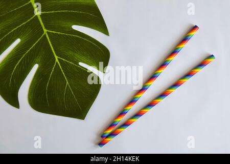 Zwei bunt gestreifte Einweg-Cocktailsticks aus Papier und künstliches Monstera-Blatt auf blauem Hintergrund. Umweltfreundliche Trinkhalme aus Papier. Stockfoto