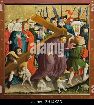 Christus trägt das Kreuz auf dem Flügel des Wurzach-Altars des deutschen mittelalterlichen Malers Hans Multscher (1437), der in der Berliner Gemäldegalerie in Berlin ausgestellt ist. Stockfoto