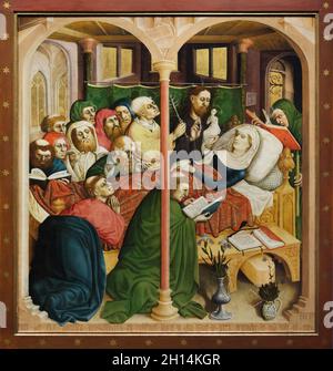 Dormition der Jungfrau Maria auf dem Flügel des Wurzach-Altarbildes des deutschen mittelalterlichen Malers Hans Multscher (1437), ausgestellt in der Berliner Gemäldegalerie in Berlin. Stockfoto