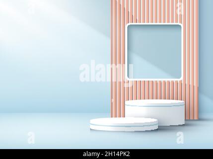 3D-Rendering modernen weißen Zylinder Podium mit Fenster Hintergrund Licht und Schatten in weichen blauen minimal Wand Szene Hintergrund. Sie können für das Produkt di verwenden Stock Vektor