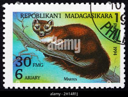 MALAGASY - UM 1994: Eine in Malagasy, Madagaskar gedruckte Marke zeigt Marten, Tier, um 1994 Stockfoto