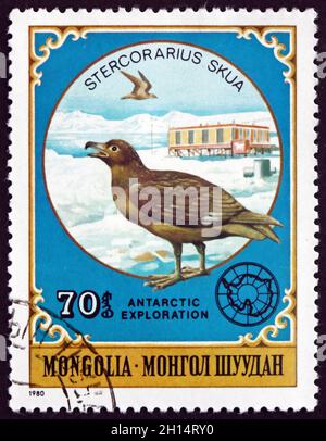 MONGOLEI - UM 1980: Eine in der Mongolei gedruckte Marke zeigt den Großen Skua, Stercorarius Skua, einen großen Seabird, um 1980 Stockfoto