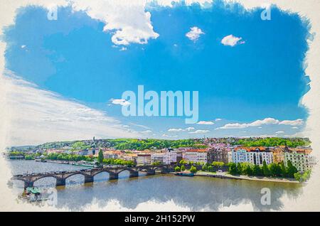 Aquarell-Zeichnung von Luftpanorama der Prager Stadt, historisches Zentrum mit Smichov-Viertel, Palackeho most-Brücke, Reihe von Gebäuden entlang VLT Stockfoto