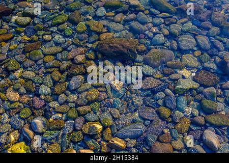 Kieselsteine in verschiedenen Formen, Größen und Farben unter Wasser, wobei das Sonnenlicht sie beleuchtet und Muster erzeugt. Stockfoto