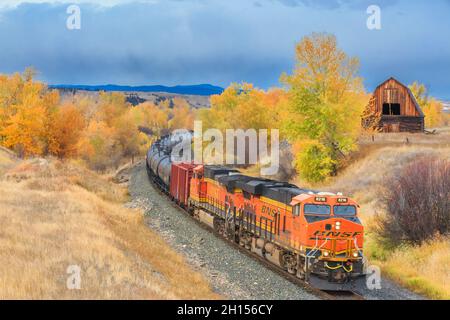 Zug, der im Herbst an einer alten Scheune in jens, montana, vorbeifährt Stockfoto