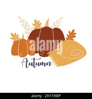 Zwei Kürbisse und eine gemütliche Decke. Text Herbst. Druck für Herbstdesign. Elemente für Postkarten Stock Vektor