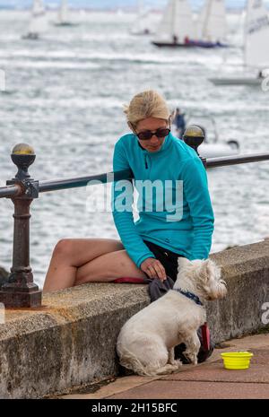 Junge Frau, die am Meer mit einem kleinen Terrier-Hund an der Wand sitzt, Hündin, die mit einem Hund an der Wand sitzt, Dame, die ihren Hund am Strand läuft, Hundespaziergänger. Stockfoto