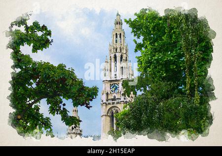 Aquarell-Zeichnung des Wiener Rathauses Blick durch grüne Bäume vor blauem bewölktem Himmel, Österreich Stockfoto