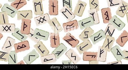 Runen nahtlose ethnische Muster. Runenalphabet, Futhark. Alte nordische okkulte Symbole, schwarze wikinger Buchstaben auf brauner, rune Schrift. Design für Stoff, wa Stock Vektor