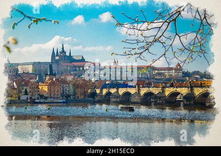 Aquarell-Zeichnung des historischen Zentrums von Prag mit dem Schloss, dem Veitsdom, Hradcany, Blick auf die Karlsbrücke von der Moldau und Blossom Blanc Stockfoto