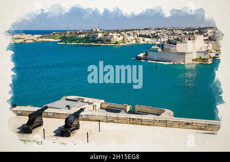 Aquarell-Zeichnung von Saluting Kanonenbatterie im Fort Lascaris St. Angelo von La Vittoriosa obere Barrakka-Gärten Blick auf den Hafen und Grand H Stockfoto