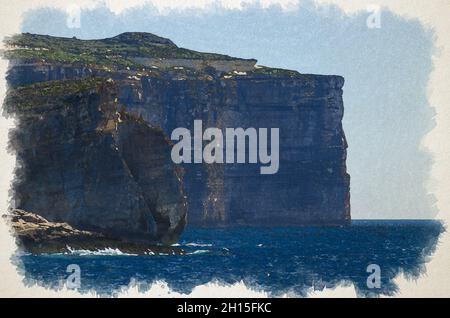 Aquarellzeichnung von Amazing Fungus und Gebla Rock Klippen am Strand der Dwejra Bay in der Nähe eines eingestürzten Azure-Fensters, Insel Gozo, Malta Stockfoto