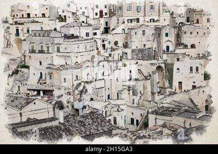 Aquarell Zeichnung von Matera weißen Steinhäusern des historischen Zentrums Sasso Barisano der alten antiken Stadt Sassi di Matera, Europäische Kulturhauptstadt, Stockfoto