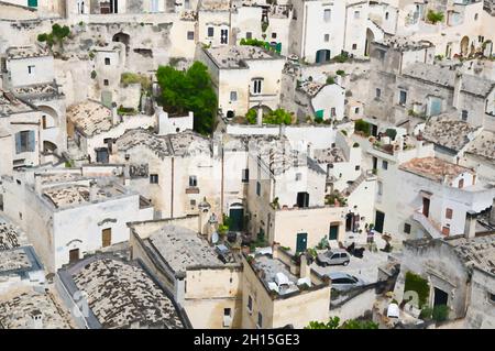 Aquarell Zeichnung von Matera weißen Steinhäusern des historischen Zentrums Sasso Barisano der alten antiken Stadt Sassi di Matera, Europäische Kulturhauptstadt, Stockfoto