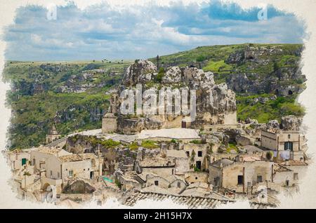 Aquarell-Zeichnung der Felskirche Santa Maria De Idris mit großem Kreuz im historischen Zentrum der alten Stadt Sassi di Matera vor den Höhlen di Mu Stockfoto