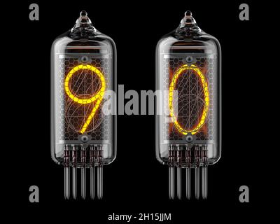 Nixie-Röhrenanzeige. Zahl 9 neun und 0 Null auf schwarzem Hintergrund. 3d-Illustration Stockfoto
