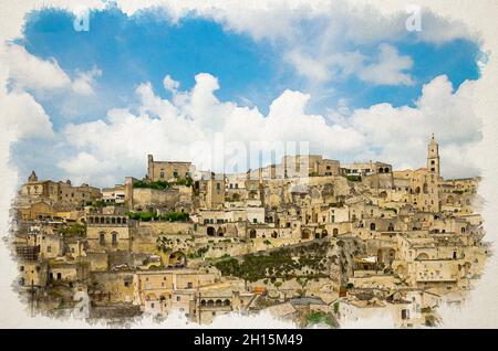 Aquarell Zeichnung von Sassi di Matera Panoramablick auf das historische Zentrum Sasso Caveoso der alten Stadt mit Felshöhlenhäusern vor blauem Himmel Stockfoto