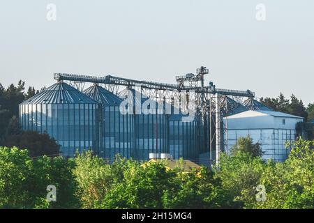 Lagerung von Silos in einem industriellen Tank Landwirtschaft, Produktion von Getreide auf dem Bauernhof Herstellung. Stockfoto