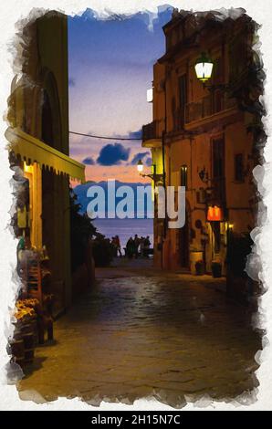 Aquarell-Zeichnung von nächtlichen Abendstraßen mit hellen Laternen Lampen auf Gebäuden mit Balkon, Silhouette der Menschen und bunten Himmel mit Wolken, Stockfoto