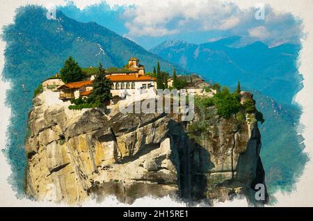 Aquarell-Zeichnung des Meteora-Klosters Kloster der Heiligen Dreifaltigkeit auf dem Gipfel des Felsens in der Nähe von Kalabaka, Griechenland Stockfoto