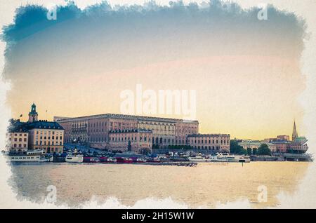 Aquarell-Zeichnung des historischen Altstadtviertels Gamla Stan mit Fassade des Königspalastes Stockholms Slott oder Kungliga Slottet auf der nahe gelegenen Insel Stadsholmen Stockfoto