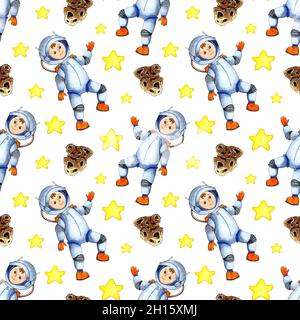 Aquarell-Illustration von sich nahtlos wiederholenden Mustern von Kosmos, Astronaut und Sternen. Handgezeichneter Raum Hintergrund für Kinder. Farbenfrohes Design für Drucke Stockfoto