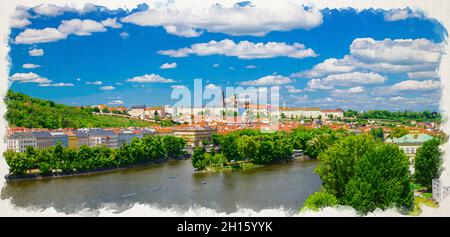 Aquarellzeichnung des Panoramas des historischen Zentrums von Prag mit Prager Burg, Veitsdom, Hradschany-Viertel, grünen Hügeln und Moldau riv Stockfoto