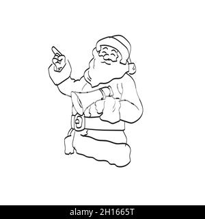 Linie Kunst Weihnachtsmann zeigt auf etwas und hält Megaphon Illustration Vektor isoliert auf weißem Hintergrund Stock Vektor