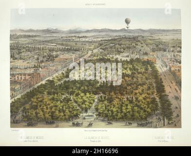 Lithographie ca. 1869 des Alameda Parks in Mexiko-Stadt aus einem Ballon Stockfoto