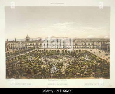 Lithographie von der Plaza de Armas und dem Nationalpalast in Mexiko-Stadt ca. 1869 Stockfoto