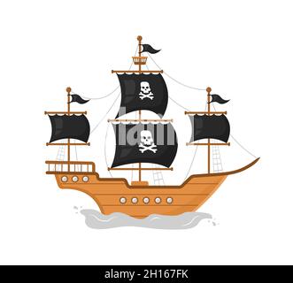 Piratenschiff aus Holz. Piratensymbol auf weißem Hintergrund isoliert. Vektor-Illustration im flachen Cartoon-Stil Stock Vektor