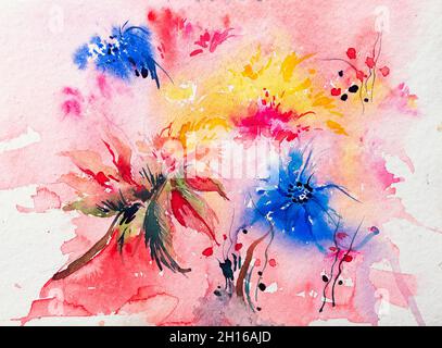 Schöne abstrakte Aquarell Blumenmalerei mit weißem Hintergrund. Indische Aquarellkunst Stockfoto