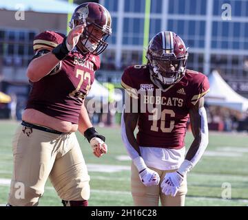 16. Oktober 2021: Ashtyn Hawkins (16) feiert nach einem Touchdown-Catch während eines NCAA-Fußballspiels zwischen Texas State und Troy am 16. Oktober 2021 in San Marcos, Texas. (Bild: © Scott Coleman/ZUMA Press Wire) Stockfoto