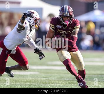 16. Oktober 2021: Drue Jackson (9) trägt den Ball nach einem Fang während eines NCAA-Fußballspiels zwischen Texas State und Troy am 16. Oktober 2021 in San Marcos, Texas. (Bild: © Scott Coleman/ZUMA Press Wire) Stockfoto