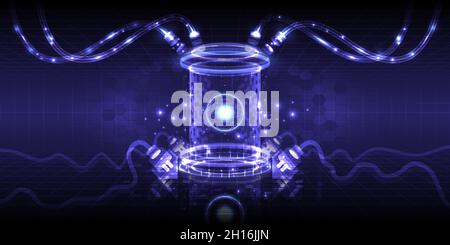 Technologiewissenschaftliches Engineering. Futuristisches Labor oder Raum für Forschungsanalysedaten. 3D-HUD-Schnittstelle. Hologramm für Bühne, Podium und Tor für UI, GUI und W Stock Vektor