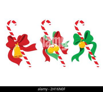 Set von Candy Canes mit Bogenband und Glocken für die Weihnachtselemente. Stock Vektor