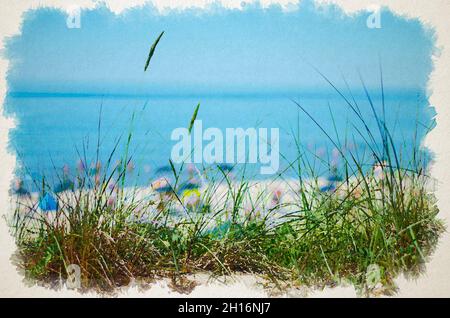 Aquarell-Zeichnung von grünem Gras vor dem gelben Sandstrand und blauem Himmel im Nationalpark Kursiu nerija, der Kurischen Nehrung, Ostsee, Litauen Stockfoto