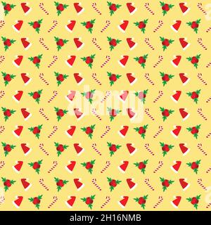 Weihnachtstapete mit nahtlosen Musterelementen aus Candy Cane, Red hat und Holly Leaf. Stock Vektor