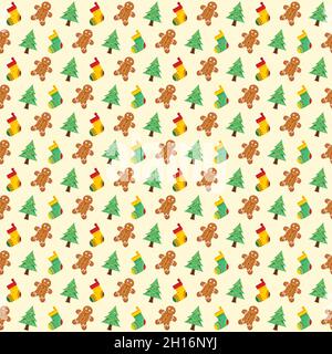 Weihnachtstapete mit nahtlosen Musterelementen aus Lebkuchenmann, Kiefer und Strumpf. Stock Vektor
