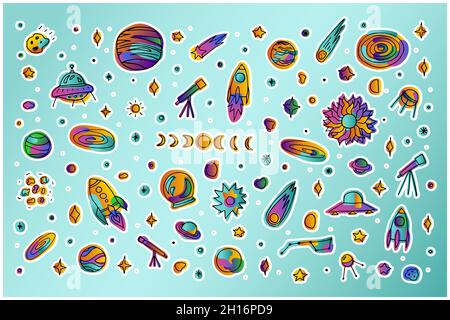 Heller Raum Doodle Aufkleber-Set. Planeten, Raketen, Sterne, Kometen, Planeten auf hellblauem Hintergrund. Farbverlauf rosa, orange, grün neonfarben astronom Stock Vektor