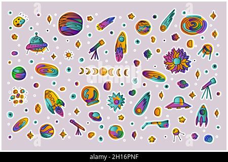 Heller Raum Doodle Aufkleber-Set. Planeten, Raketen, Sterne, Kometen, Planeten auf hellviolettem Hintergrund. Farbverlauf rosa, orange, grün neonfarben astron Stock Vektor