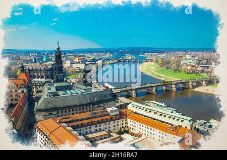 Aquarell-Zeichnung von Panoramablick auf die Stadt Dresden mit Brücken über die Elbe und alten Gebäuden von Aussichtsplattform der lutherischen Marienkirche Stockfoto